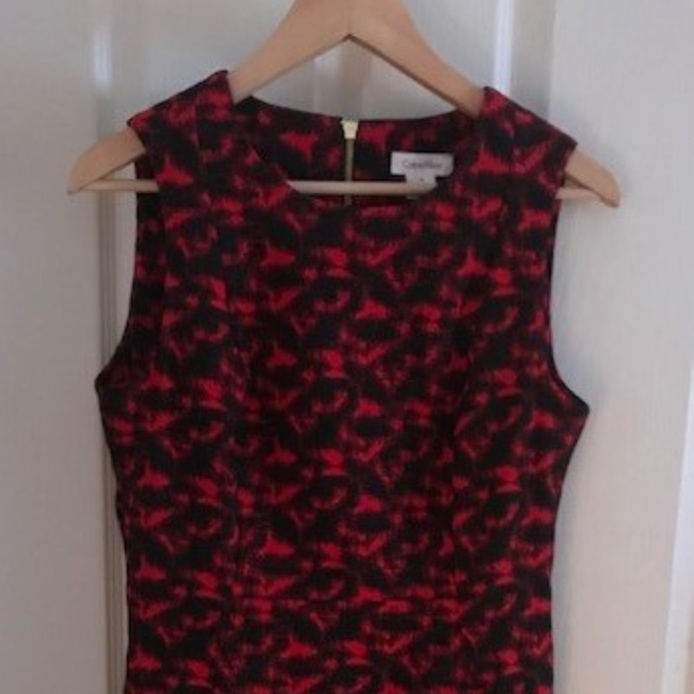 Vibrant Print Red & Black Calvin Klein Sleeveless Knee Length Dress - Size 10